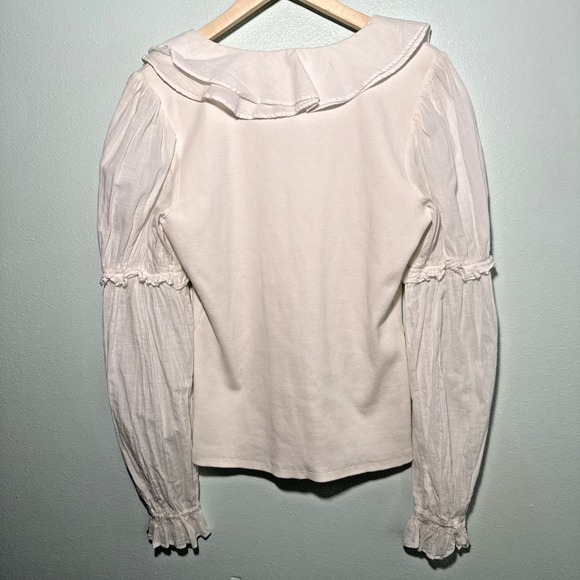 By Anthropologie Ruffled white Blouse Top Ribbed Long Sleeve L boho - Picture 6 of 8